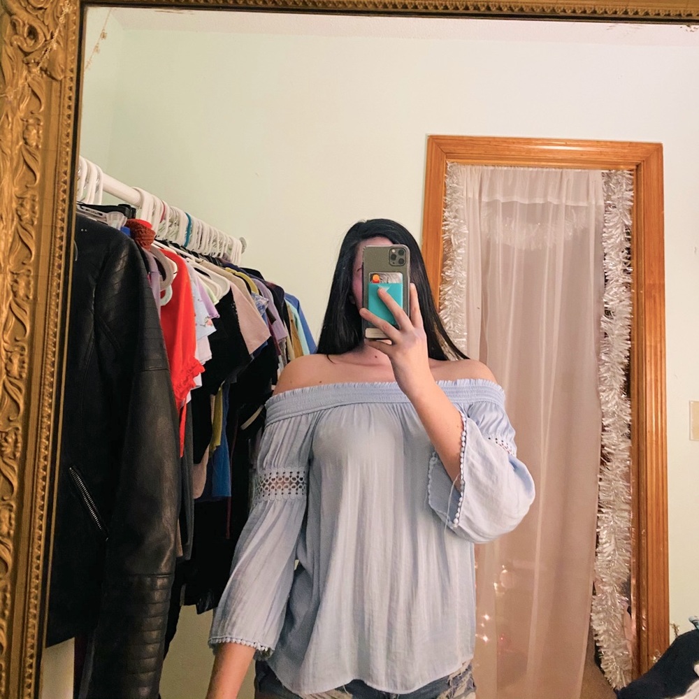 Blue Jennifer Lopez Off the Shoulder Top